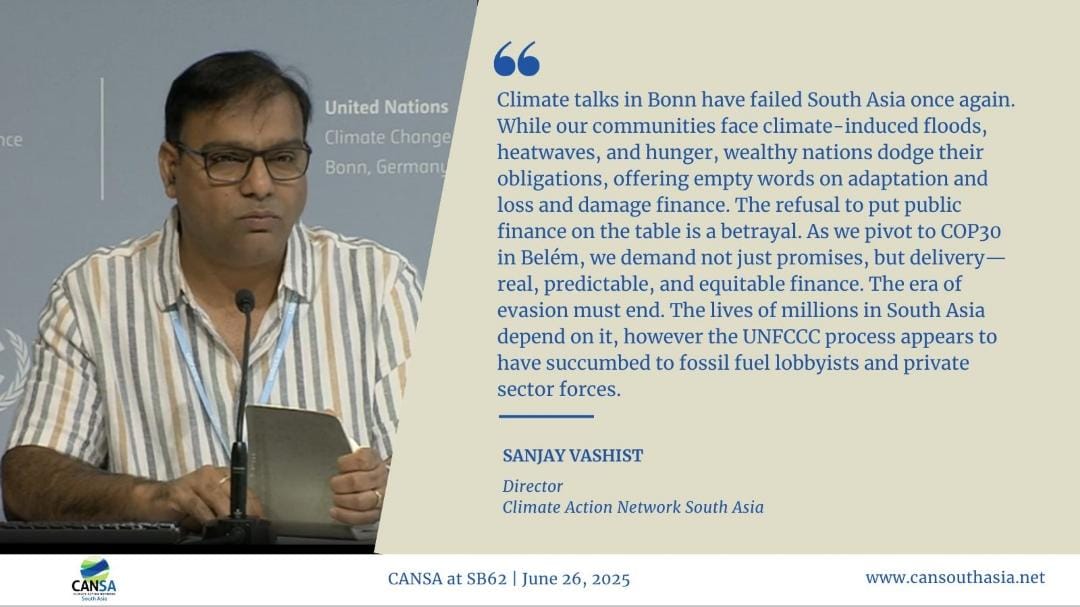 Climate Action Network South Asia (@cansouthasia) on Twitter photo Sanjay Vashist, Director, <a href="/CANSouthAsia/">Climate Action Network South Asia</a>, on #SB62 outcome: “Climate talks in Bonn failed #SouthAsia once again. Our communities face climate-induced floods, heatwaves, hunger, & wealthy nations dodge their obligations, with empty words on #adaptation & #lossanddamage finance..." Sanjay Vashist, Director, <a href="/CANSouthAsia/">Climate Action Network South Asia</a>, on #SB62 outcome: “Climate talks in Bonn failed #SouthAsia once again. Our communities face climate-induced floods, heatwaves, hunger, & wealthy nations dodge their obligations, with empty words on #adaptation & #lossanddamage finance..."