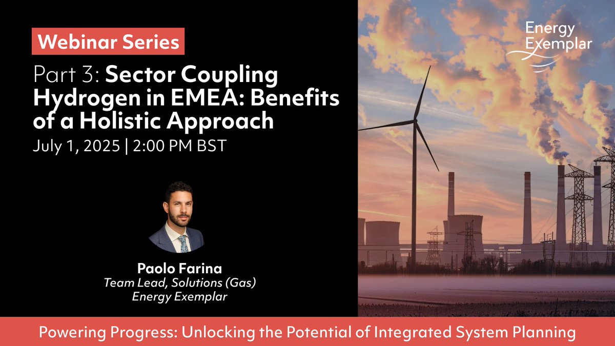 EnergyExemplar's tweet image. 🔋 Explore how cross-sector integration drives efficiency &amp;amp; growth.

📅 Join @EnergyExemplar Tuesday 1st July at 2 PM BST for our webinar:
Sector Coupling Hydrogen in EMEA: Benefits of a Holistic Approach

🎯 Save your spot: bit.ly/44dz0Dr

#SectorCoupling #PLEXOS