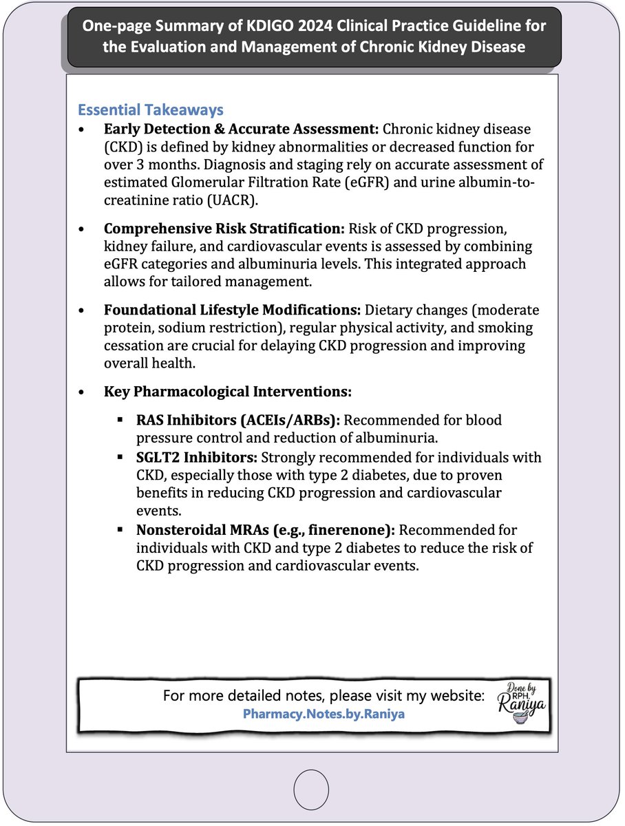 rania1997301's tweet photo. Summary of the 2024 KDIGO Guidelines on Chronic Kidney Disease (CKD) now available on my website:
🔗 https://t.co/9Ws2dvC4Ew
 Plus: 1-page clinical summary ready to download on my Telegram channel:
📥 https://t.co/MDSUbAncRx
#Pharmacy #CKD #Nephrology #KDIG https://t.co/kZ79NXx6Pe