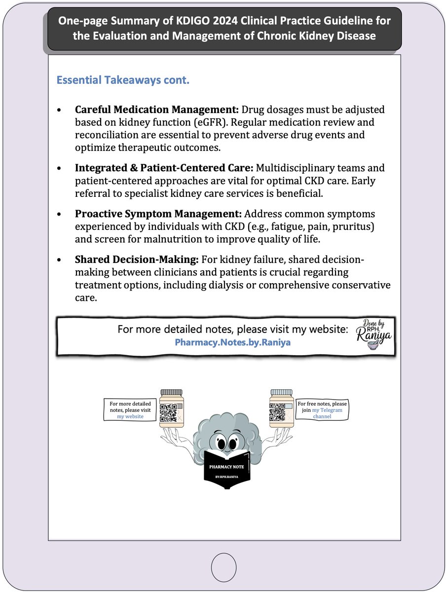 rania1997301's tweet photo. Summary of the 2024 KDIGO Guidelines on Chronic Kidney Disease (CKD) now available on my website:
🔗 https://t.co/9Ws2dvC4Ew
 Plus: 1-page clinical summary ready to download on my Telegram channel:
📥 https://t.co/MDSUbAncRx
#Pharmacy #CKD #Nephrology #KDIG https://t.co/kZ79NXx6Pe