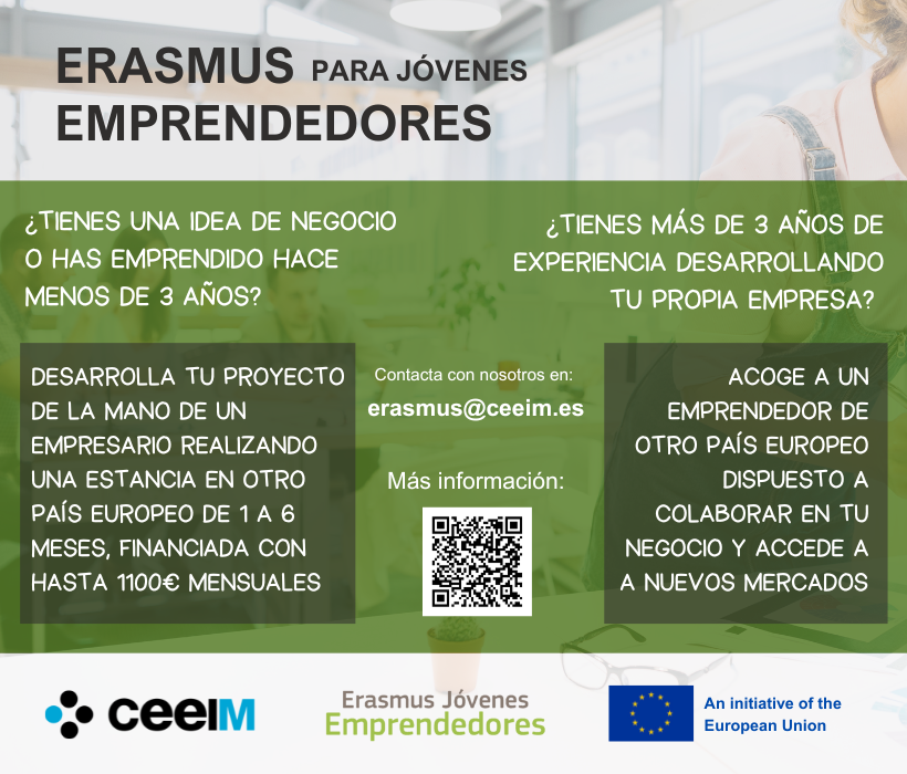 CEEI Murcia (@ceeimurcia) on Twitter photo 🔵⚫️ ¿Quién dijo que el ERASMUS es solo para estudiantes? ¡Ahora puedes vivirlo como #emprendedor con <a href="/EYEprogramme/">Erasmus for Young Entrepreneurs</a>
👉🏽 Viaja al extranjero para aprender de un empresario experimentado ✈️ o vívelo a la inversa, acogiendo a un emprendedor que colabore contigo.
📞 ¡Te asesoramos! 🔵⚫️ ¿Quién dijo que el ERASMUS es solo para estudiantes? ¡Ahora puedes vivirlo como #emprendedor con <a href="/EYEprogramme/">Erasmus for Young Entrepreneurs</a>
👉🏽 Viaja al extranjero para aprender de un empresario experimentado ✈️ o vívelo a la inversa, acogiendo a un emprendedor que colabore contigo.
📞 ¡Te asesoramos!