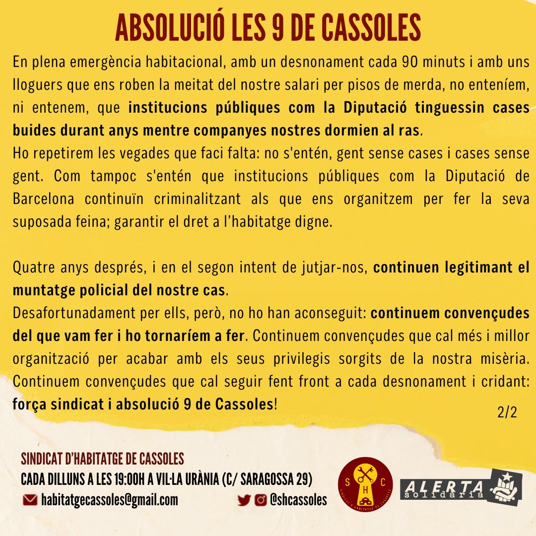 Ahir 9 companyes del sindicat van ser jutjades per defensar el dret a l'habitatge digne

Un muntatge policial que fa quatre anys que dura i que només pot acabar d'una manera: Absolució 9 de Cassoles!

Ajuda'ns a fer front a la repressió: goteo.org/project/les-9-…
