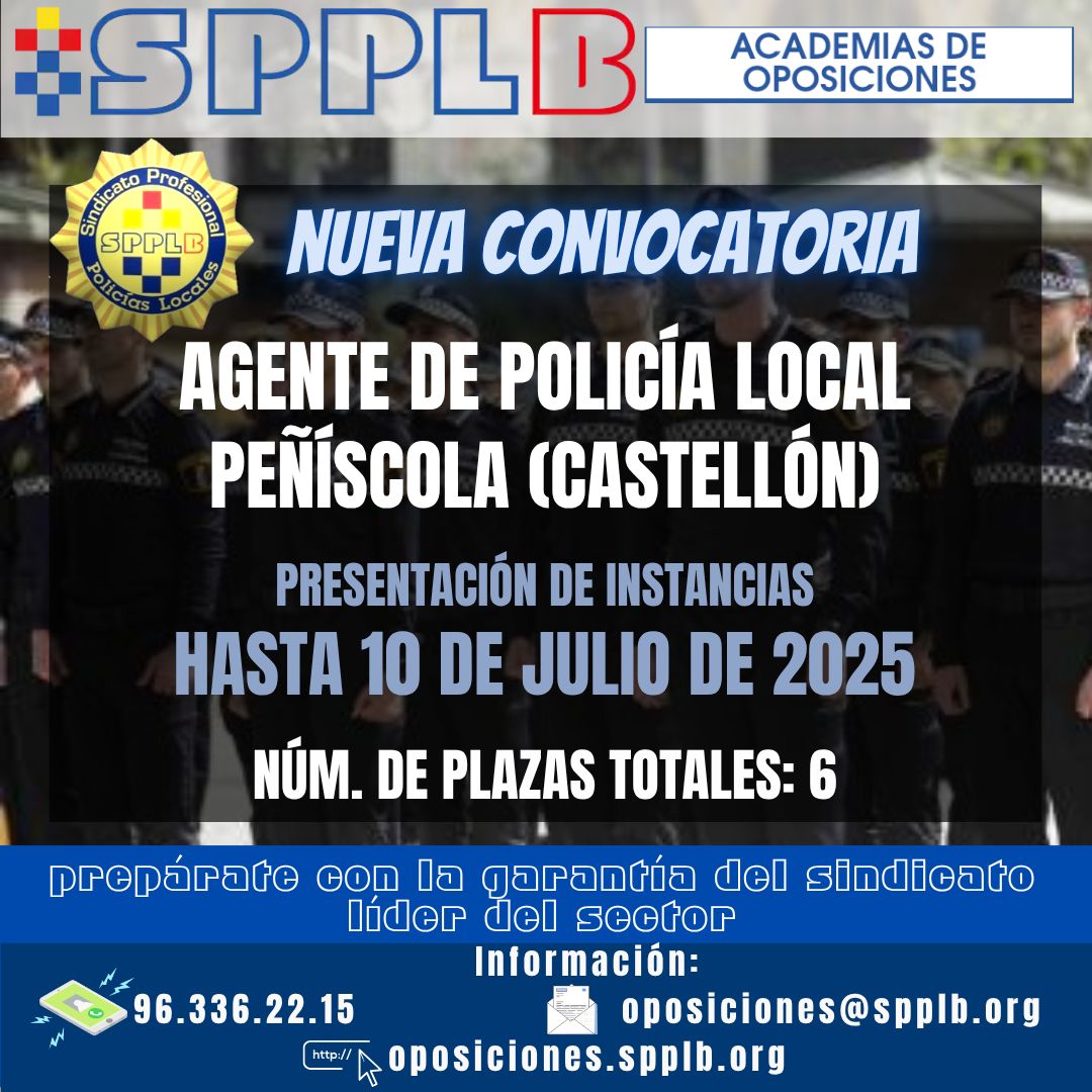 👮 ¿Quieres ser Policía Local?
En las academias del SPPLB  te preparamos con temario actualizado, supuestos, psicotécnicos, preparación física y aula virtual completa.
📍 Presencial y online
📲 Info y matrículas por WhatsApp o llamada: 667 83 04 39
¡Es tu momento! 💪