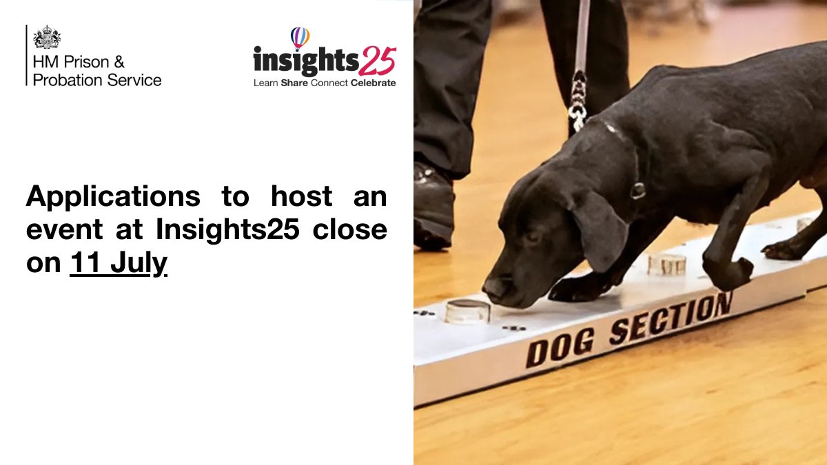 There are just 2 weeks to go to submit your application to host an event at our @HMPPS #Insights25 Festival. 

Find out more and apply now: hmppsinsights.service.justice.gov.uk/insights-festi…

Applications close 5pm Friday 11 July  📅

#Festival #Free #Learning #Justice