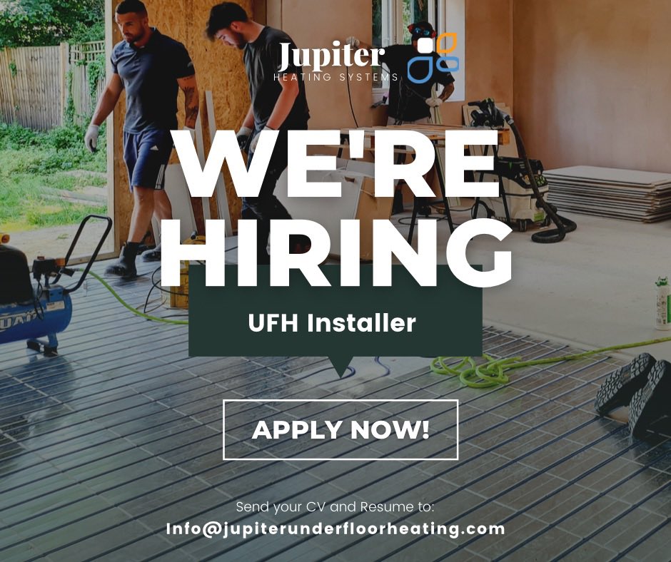 Jupiter Heating Systems Ltd, based in Chobham, Surrey, is looking for candidates local to the area to join our installation team.
Please send your application/CV to info@jupiterunderfloorheating.com