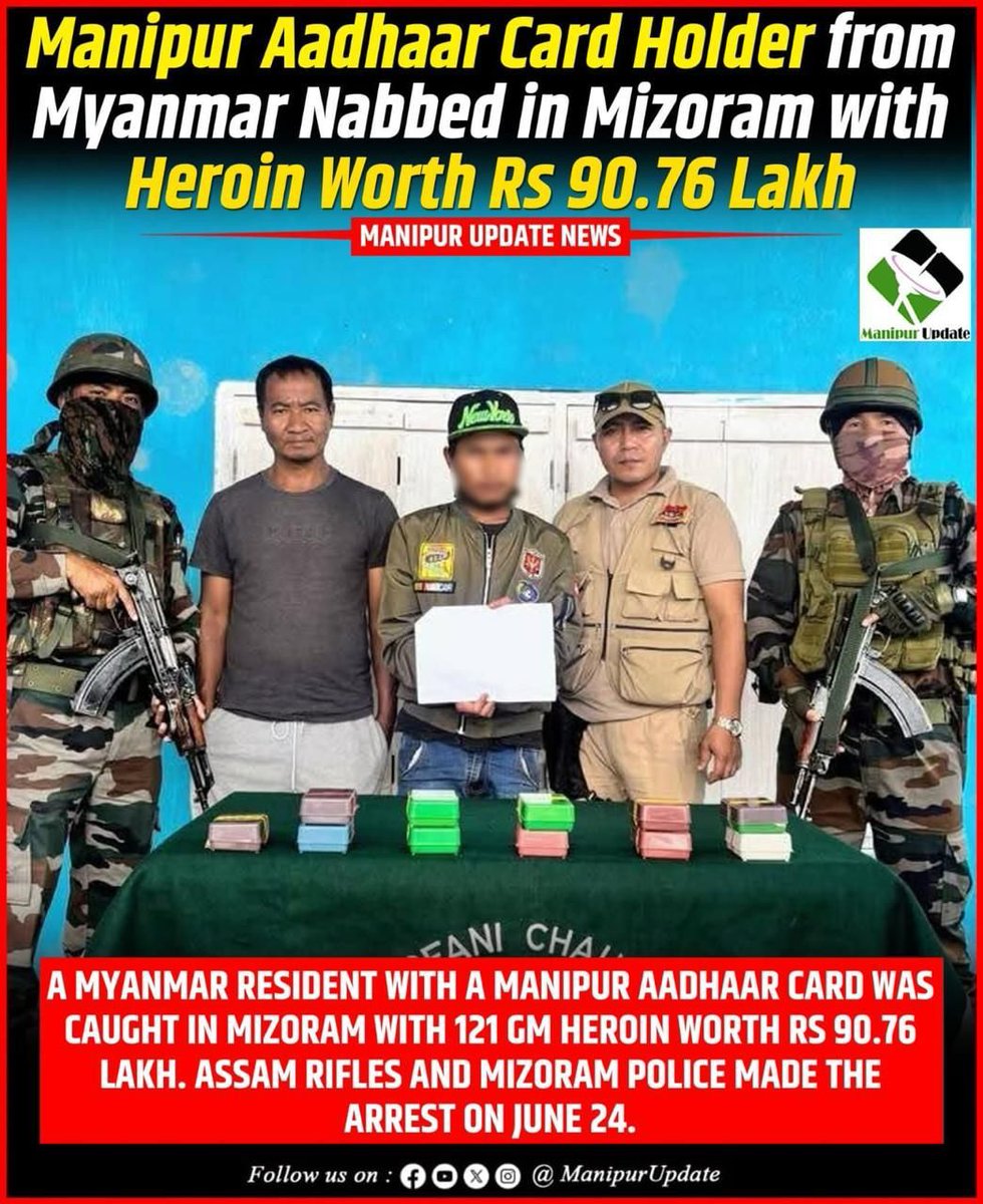 yumnamevelyn's tweet image. A Myanmar national was arrested in Mizoram for possessing illicit drugs and found to carry an Aadhaar card linked to #Manipur. This highlights the intersection of cross-border smuggling and identity misuse, set against a backdrop of broader regional instability. @NBirenSingh