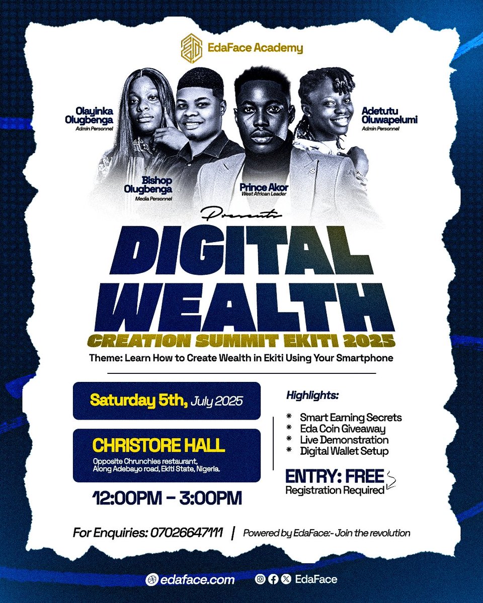 EdaFace (@edaface_office) on Twitter photo π¨ EKITI, DONβT MISS THIS!
Only a few seats left at the BIGGEST Digital Wealth Summit in the state! π°
π
Saturday, July 5th
π Christore Hall, Adebayo Rd, Ekiti
β° 12PM β 3PM
ποΈ Entry: FREE β but REGISTRATION is almost FULL!
ππππ
forms.gle/RLrYCawGEdGcprβ¦
Also Join the π¨ EKITI, DONβT MISS THIS!
Only a few seats left at the BIGGEST Digital Wealth Summit in the state! π°
π
Saturday, July 5th
π Christore Hall, Adebayo Rd, Ekiti
β° 12PM β 3PM
ποΈ Entry: FREE β but REGISTRATION is almost FULL!
ππππ
forms.gle/RLrYCawGEdGcprβ¦
Also Join the