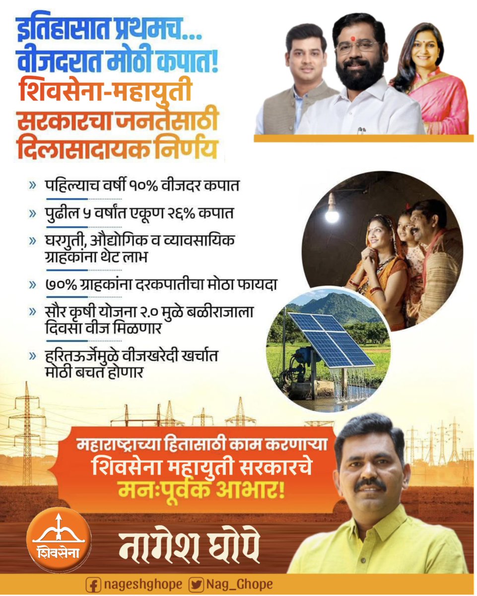 Nag_Ghope's tweet photo. शिवसेना-महायुती सरकारचा जनतेसाठी दिलासादायक निर्णय
इतिहासात प्रथमच... वीजदरात मोठी कपात !शिवसेना महायुती सरकारचे मनःपूर्वक आभार !

#mahayutisarkar 
#Shivsena #EknathShinde #ShrikantShinde #bhawanagavalipatil 
@mieknathshinde @DrSEShinde @Shivsenaofc 
@mpbhavanagawali https://t.co/b5XZ2DkOrD