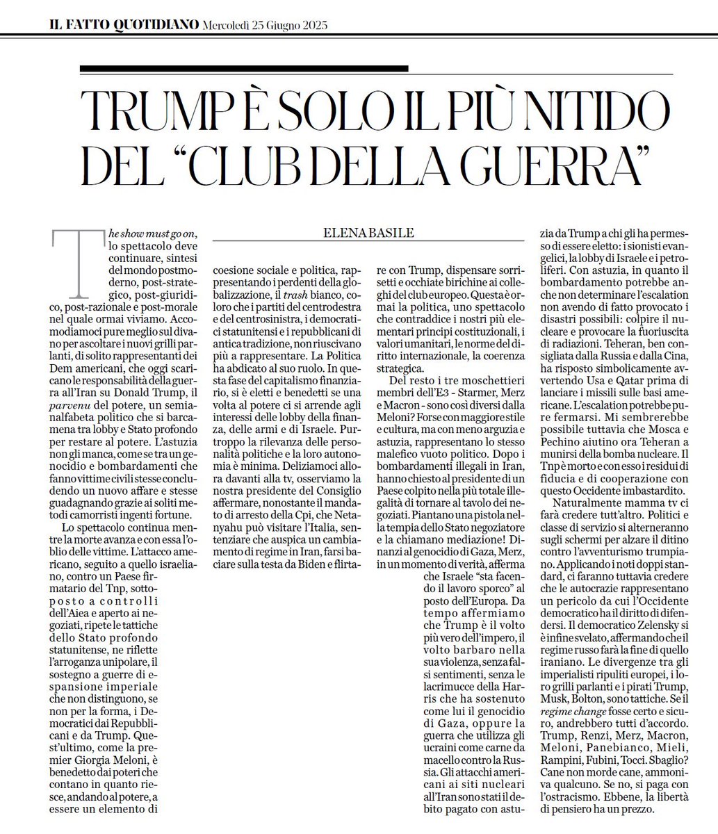 ElenaBasileIT's tweet image. Dopo gli attacchi USA all ' Iran l'escalation potrebbe pure arrestarsi. Come scrivevo tuttavia nell' articolo allegato, il TNP é morto e con esso i residui di fiducia rimasti per una cooperazione con l' Occidente imbastardito
Il democratico Zelenski ha svelato la sua natura…