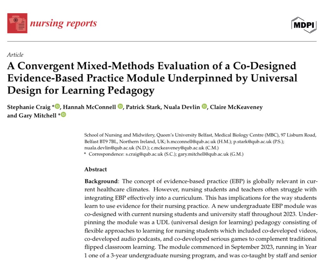 Steph Craig (@stephcraigrn) on Twitter photo Delighted to see our #UDL #pedagogy paper published this morning with <a href="/NursRep_MDPI/">Nursing Reports MDPI</a>!π€©
π A Convergent Mixed-Methods Evaluation of a Co-Designed Evidence-Based Practice Module Underpinned by Universal Design for Learning Pedagogyπ
Read it here π mdpi.com/2039-4403/15/7β¦ Delighted to see our #UDL #pedagogy paper published this morning with <a href="/NursRep_MDPI/">Nursing Reports MDPI</a>!π€©
π A Convergent Mixed-Methods Evaluation of a Co-Designed Evidence-Based Practice Module Underpinned by Universal Design for Learning Pedagogyπ
Read it here π mdpi.com/2039-4403/15/7β¦