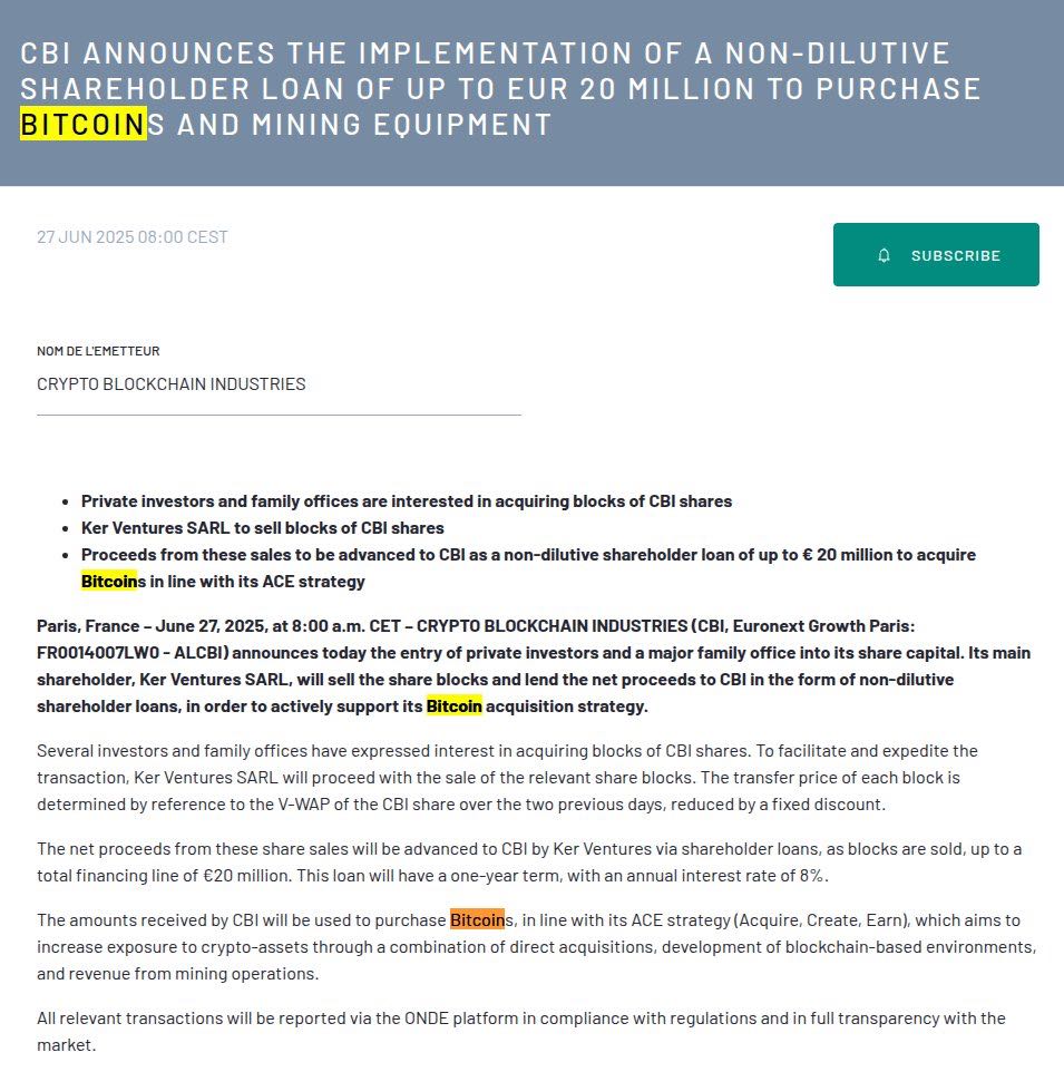 CoinRank_io's tweet photo. π¨ Breaking: French-listed firm Crypto Blockchain Industries to raise up to β¬20M via shareholder loan.
Funds will be used to buy Bitcoin and mining equipment, per official announcement.
#Bitcoin #Mining #CryptoBlockchain #France #Web3 #CryptoNews https://t.co/S3DR64Oxh3