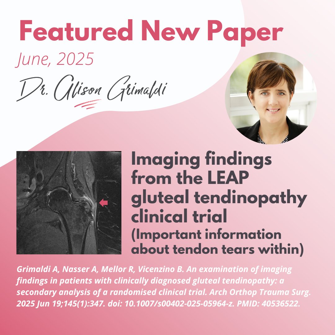 Featured New Paper for June 2025. I’m excited to feature our latest hip paper this month – hot off the press! It examined the location, severity and clinical relevance of gluteal tendon pathology in participants of the LEAP clinical trial for gluteal tendinopathy. #GT #GTPS