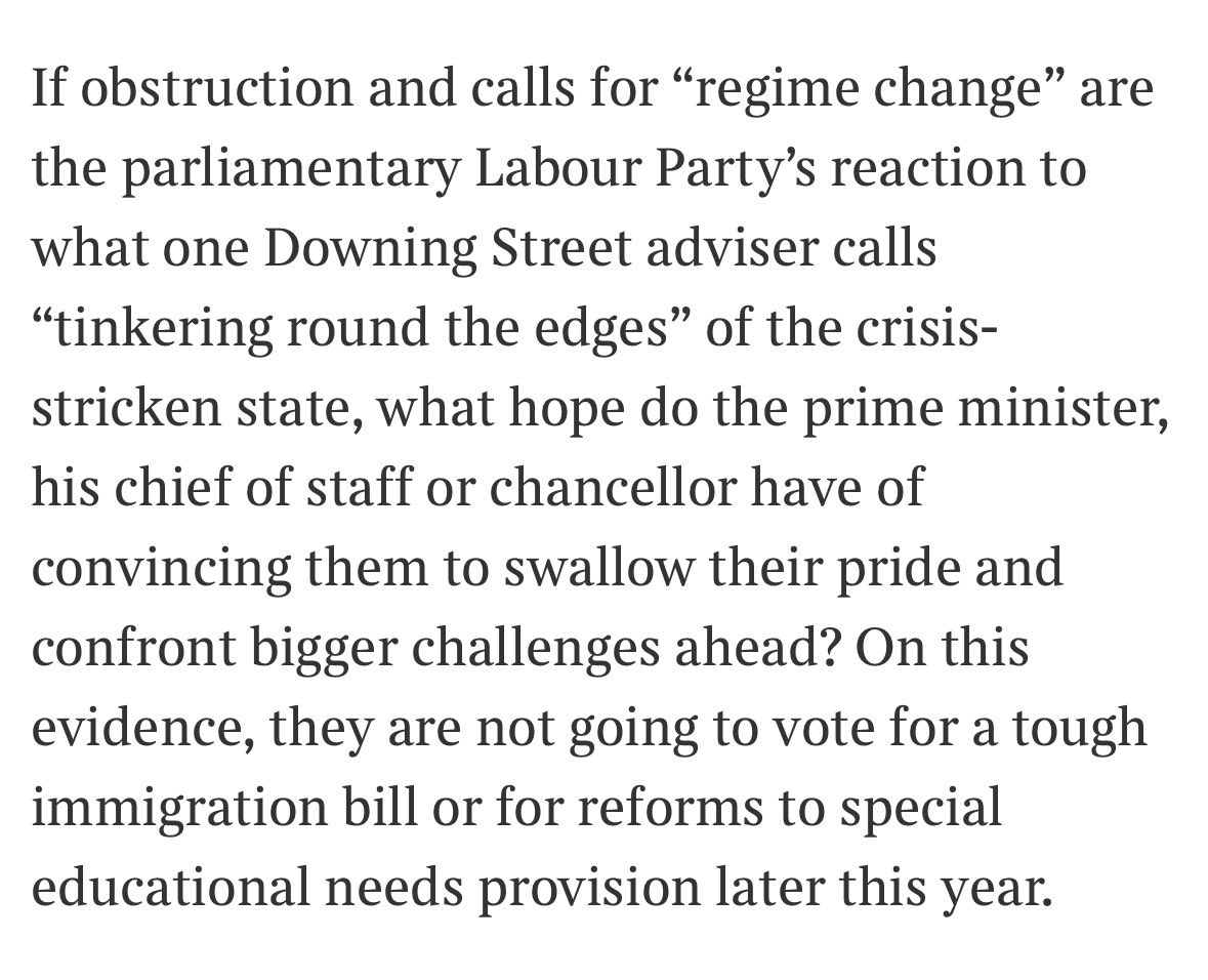 From Patrick Maguire's Times col, in which a 'cabinet source' calls Labour MPs who rebelled 'stupid pricks' &amp; a Downing St insider says they're 'deeply unserious' people. Basic legal rights for children with Special Needs &amp; (oh, look) Disabilities is indeed the likely next fight