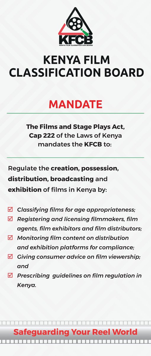 Kenya Film Classification Board (@infokfcb) on Twitter photo ๐๐ฉ๐ฎ๐ซ๐ซ๐ข๐ง๐ ๐๐ซ๐จ๐ฐ๐ญ๐ก ๐จ๐ ๐๐ฎ๐ซ ๐
๐ข๐ฅ๐ฆ ๐๐ง๐๐ฎ๐ฌ๐ญ๐ซ๐ฒ ๐๐ก๐ซ๐จ๐ฎ๐ ๐ก ๐
๐๐๐ข๐ฅ๐ข๐ญ๐๐ญ๐ข๐ฏ๐ ๐๐๐ ๐ฎ๐ฅ๐๐ญ๐ข๐จ๐ง
The Films and Stage Plays Act, Cap 222 of the Laws of Kenya, mandates the <a href="/InfoKfcb/">Kenya Film Classification Board</a> (KFCB) to regulate the creation, possession, distribution, ๐๐ฉ๐ฎ๐ซ๐ซ๐ข๐ง๐ ๐๐ซ๐จ๐ฐ๐ญ๐ก ๐จ๐ ๐๐ฎ๐ซ ๐
๐ข๐ฅ๐ฆ ๐๐ง๐๐ฎ๐ฌ๐ญ๐ซ๐ฒ ๐๐ก๐ซ๐จ๐ฎ๐ ๐ก ๐
๐๐๐ข๐ฅ๐ข๐ญ๐๐ญ๐ข๐ฏ๐ ๐๐๐ ๐ฎ๐ฅ๐๐ญ๐ข๐จ๐ง
The Films and Stage Plays Act, Cap 222 of the Laws of Kenya, mandates the <a href="/InfoKfcb/">Kenya Film Classification Board</a> (KFCB) to regulate the creation, possession, distribution,