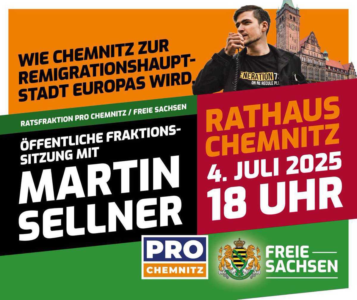 Chemnitzer Oberbürgermeister Sven Schulze kündigt Raum für öffentliche Fraktionssitzung mit Martin Sellner: Wir werden klagen!

Nächster Skandal in der Chemnitzer Lokalpolitik: Oberbürgermeister Sven Schulze hat den Raum für die öffentliche Fraktionssitzung der Ratsfraktion PRO