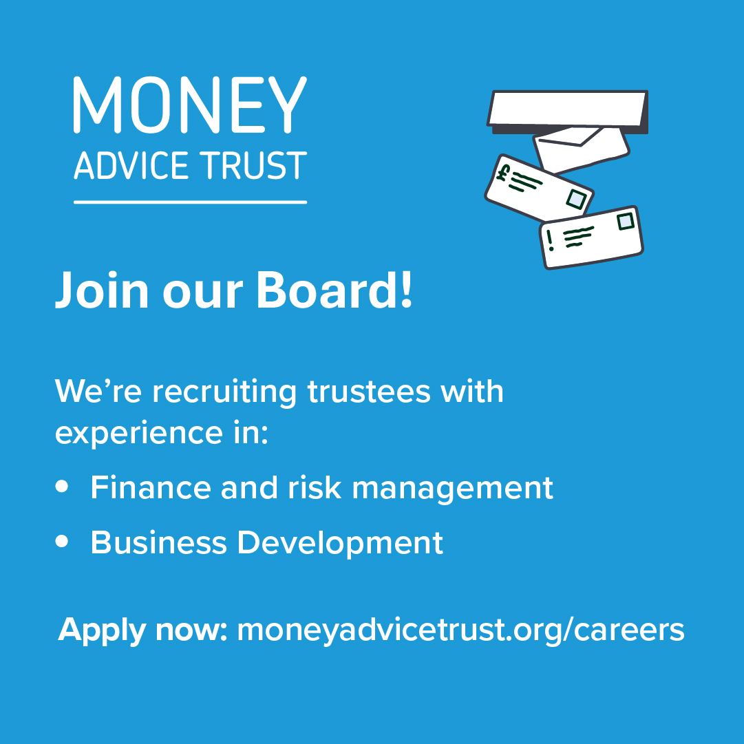 We’re looking for two new trustees to join our Board, with a particular focus on finance and risk management, as well as corporate partnerships and business development. Find out more and apply by 1st August: moneyadvicetrust.org/about-us/caree…

#CharityTrustees