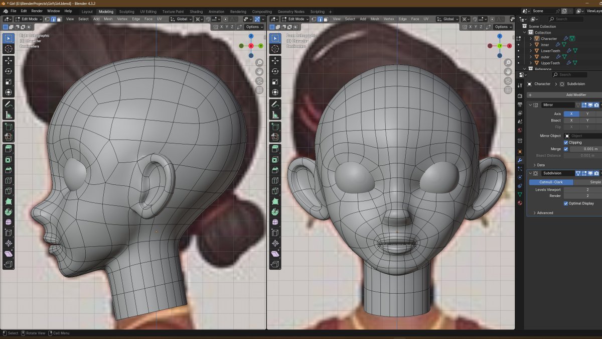 Almost done with the head 🔥🔥

- سويت أسنان ولسان
- سويت الشفايف
- نفخت الخدود شوي
- أضفت تقوّس بسيط للإذن
- عدلت الأنف شوي

بس باقي أكمل الأنف واكون خلصت من الوجه 👍🏻