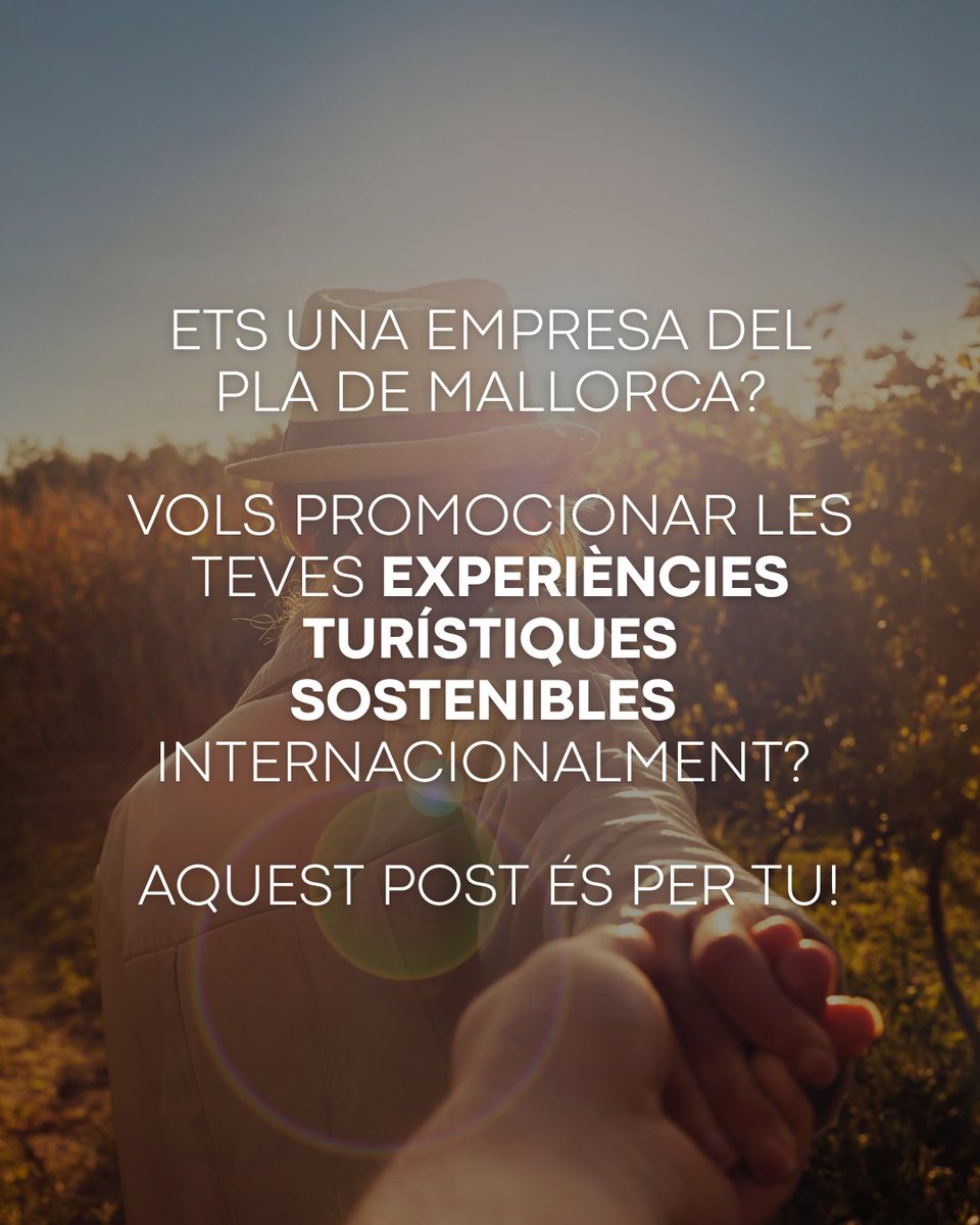 Mancomunitat Pla de Mallorca (@mancomunitatpla) on Twitter photo 🎯 Tens una empresa al Pla de Mallorca i ofereixes experiències turístiques sostenibles?
T’agradaria promocionar-les a nivell internacional?
📩 Contacta'ns per rebre tota la informació per donar-te d'alta: aodl10@mancomunitatplademallorca.net
#TurismeRuralplademallorca 🎯 Tens una empresa al Pla de Mallorca i ofereixes experiències turístiques sostenibles?
T’agradaria promocionar-les a nivell internacional?
📩 Contacta'ns per rebre tota la informació per donar-te d'alta: aodl10@mancomunitatplademallorca.net
#TurismeRuralplademallorca