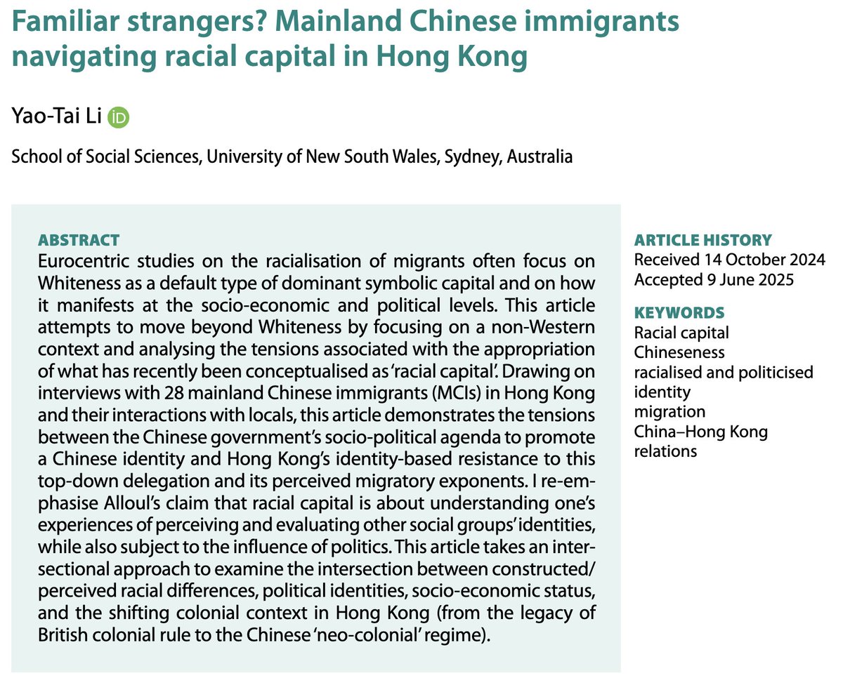 yaotaili (@yaotaili) on Twitter photo This article in <a href="/thirdworldq/">thirdworldq</a> examines how Mainland Chinese immigrants learn about their Chineseness as a sign of difference and how they apply the tool of racial capital to manage the ‘othering’ process (such as concealing Chineseness and reassessing Hong Kongers’ identity). This article in <a href="/thirdworldq/">thirdworldq</a> examines how Mainland Chinese immigrants learn about their Chineseness as a sign of difference and how they apply the tool of racial capital to manage the ‘othering’ process (such as concealing Chineseness and reassessing Hong Kongers’ identity).
