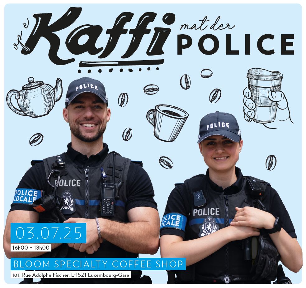 #ZesummeFirIech

D'nächst Woch fënnt den éischte « Kaffi mat der Police» statt. Hei kënnen d'Leit sech an engem méi labbere Kader mat der Police iwwer hir Problemer, Besoinen an Erwaardungen betreffend de Garer Quartier an der Stad austauschen.

ℹ️  gd.lu/M0jGW