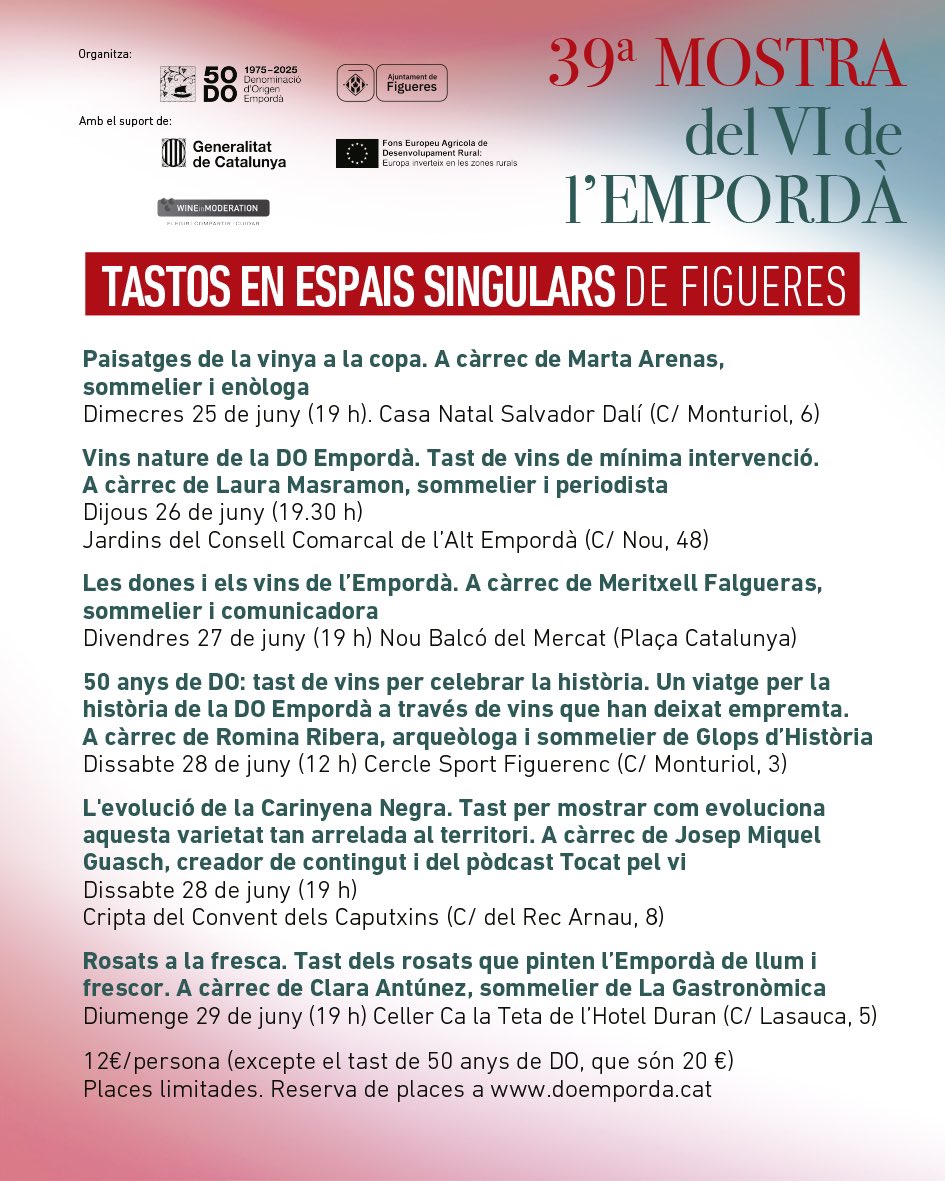 Ajuntament de Figueres (@ajfigueres) on Twitter photo <a href="/museuemporda/">Museu de l'Empordà</a> <a href="/winesandthecity/">Meritxell Falgueras</a> <a href="/DOEmporda/">DO Empordà</a> <a href="/MujeresDlVino/">Mujeres del Vino</a> <a href="/CellerMasLlunes/">Celler Mas Llunes</a> 🍷🗣️ “Tast guiat en espai singular” amb <a href="/winesandthecity/">Meritxell Falgueras</a>: “Les dones i els vins de l’Empordà”
📅 Avui divendres 27 de juny
🕐 19 h
📍 Balcó del Mercat de la Plaça Catalunya
🎟️ 12 € (Tiquets a doemporda.koobin.com) <a href="/museuemporda/">Museu de l'Empordà</a> <a href="/winesandthecity/">Meritxell Falgueras</a> <a href="/DOEmporda/">DO Empordà</a> <a href="/MujeresDlVino/">Mujeres del Vino</a> <a href="/CellerMasLlunes/">Celler Mas Llunes</a> 🍷🗣️ “Tast guiat en espai singular” amb <a href="/winesandthecity/">Meritxell Falgueras</a>: “Les dones i els vins de l’Empordà”
📅 Avui divendres 27 de juny
🕐 19 h
📍 Balcó del Mercat de la Plaça Catalunya
🎟️ 12 € (Tiquets a doemporda.koobin.com)