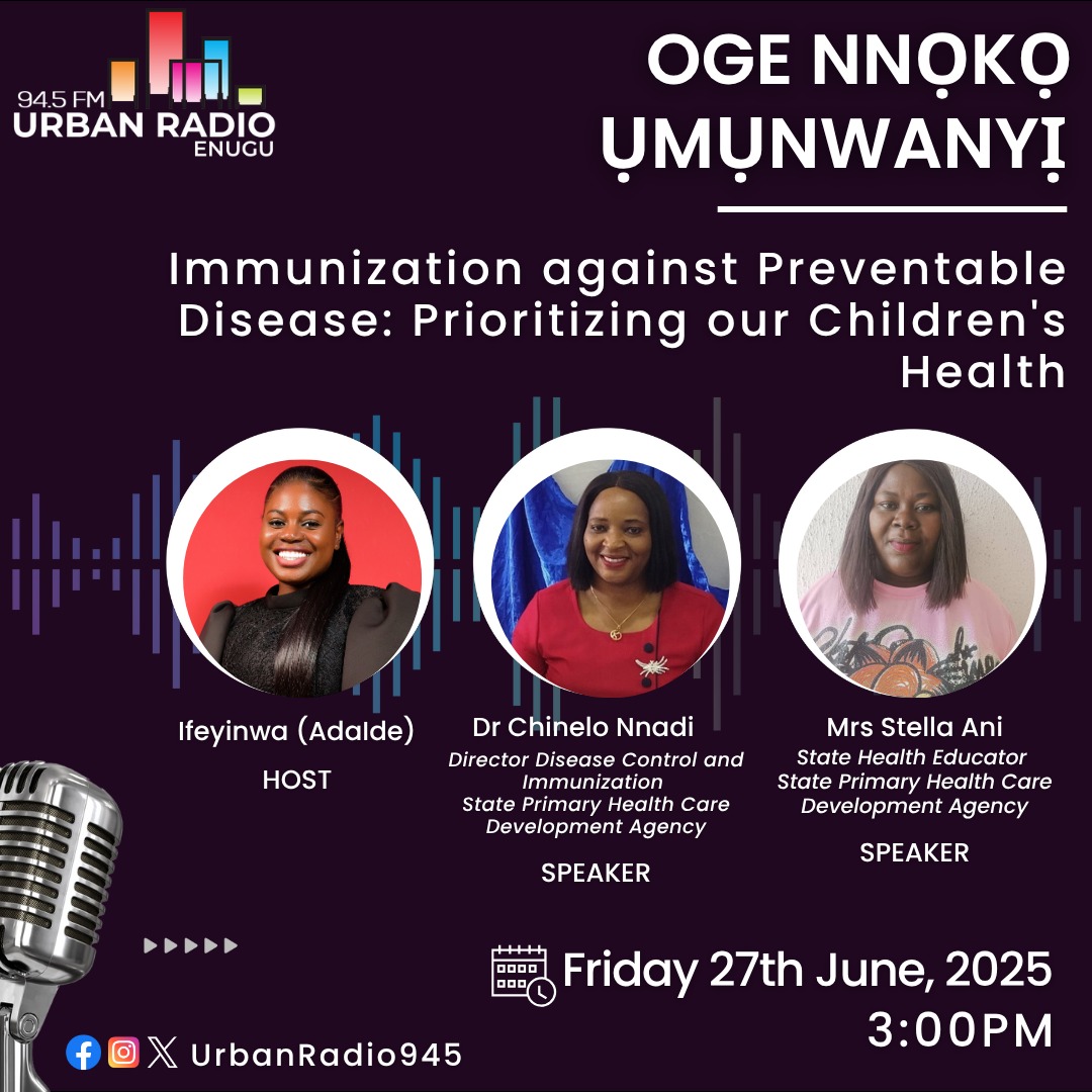 Ifeyinwa Ogbue (@ify_adaide) on Twitter photo The Enugu State Primary Health Care Development Agency, in collaboration with the Ministry of Health, NPHCDA, WHO, UNICEF, and other partners, is pleased to announce the upcoming novel Oral Polio Vaccination (nOPV2) campaign
*For a healthy child. <a href="/UNICEF/">UNICEF</a> <a href="/WHO/">World Health Organization (WHO)</a> <a href="/UrbanRadio945/">Urban Radio 94.5 Enugu</a> The Enugu State Primary Health Care Development Agency, in collaboration with the Ministry of Health, NPHCDA, WHO, UNICEF, and other partners, is pleased to announce the upcoming novel Oral Polio Vaccination (nOPV2) campaign
*For a healthy child. <a href="/UNICEF/">UNICEF</a> <a href="/WHO/">World Health Organization (WHO)</a> <a href="/UrbanRadio945/">Urban Radio 94.5 Enugu</a>