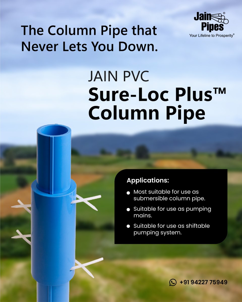 🚀 Power Up Your Borewell with Jain SURE-LOC PLUS Column Pipes! 🔧💧
Built with premium virgin PVC, Jain SURE-LOC PLUS is the perfect combo of strength, reliability, and smart design.

✨ Smooth Inner Walls
🔒 100% Leak-Proof Joints
💪 Lightweight &amp; Tough
🌊 Perfect for
