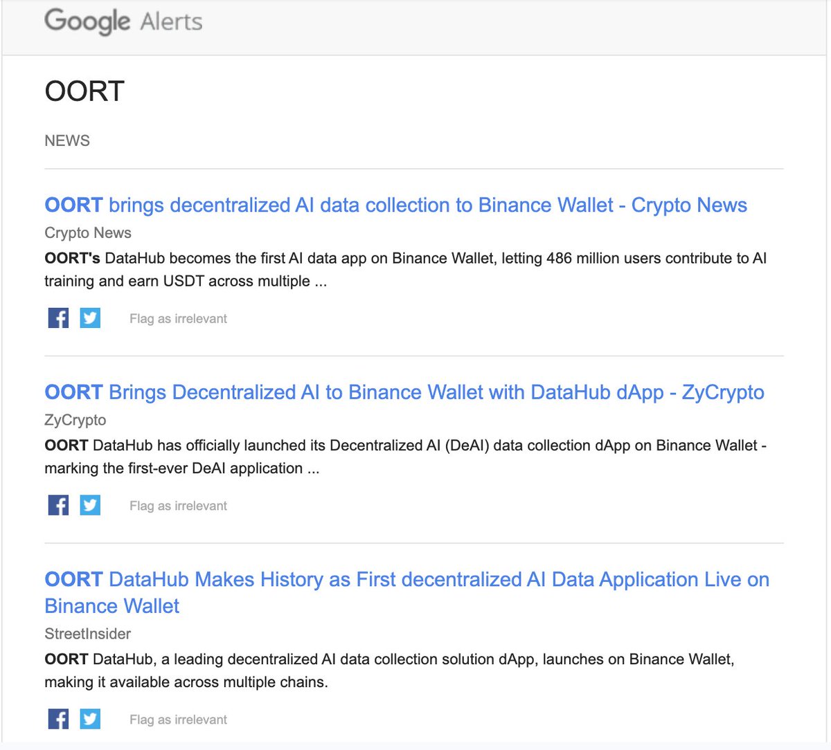 oortech's tweet image. 🚀 OORT is making waves!

Woke up to this Google Alert — what a great feeling to see our @BinanceWallet integration spreading across the media. 🌍