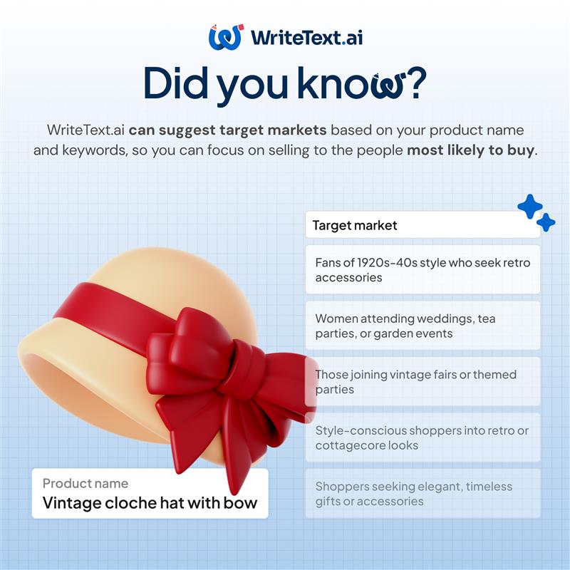 💡 Did you know?

WriteText.ai suggests target markets based on your product name and keywords, helping you reach the right people, faster. 🎯

Learn more about its smart targeting and more here: writetext.ai/features

#WriteYourTextWithAI