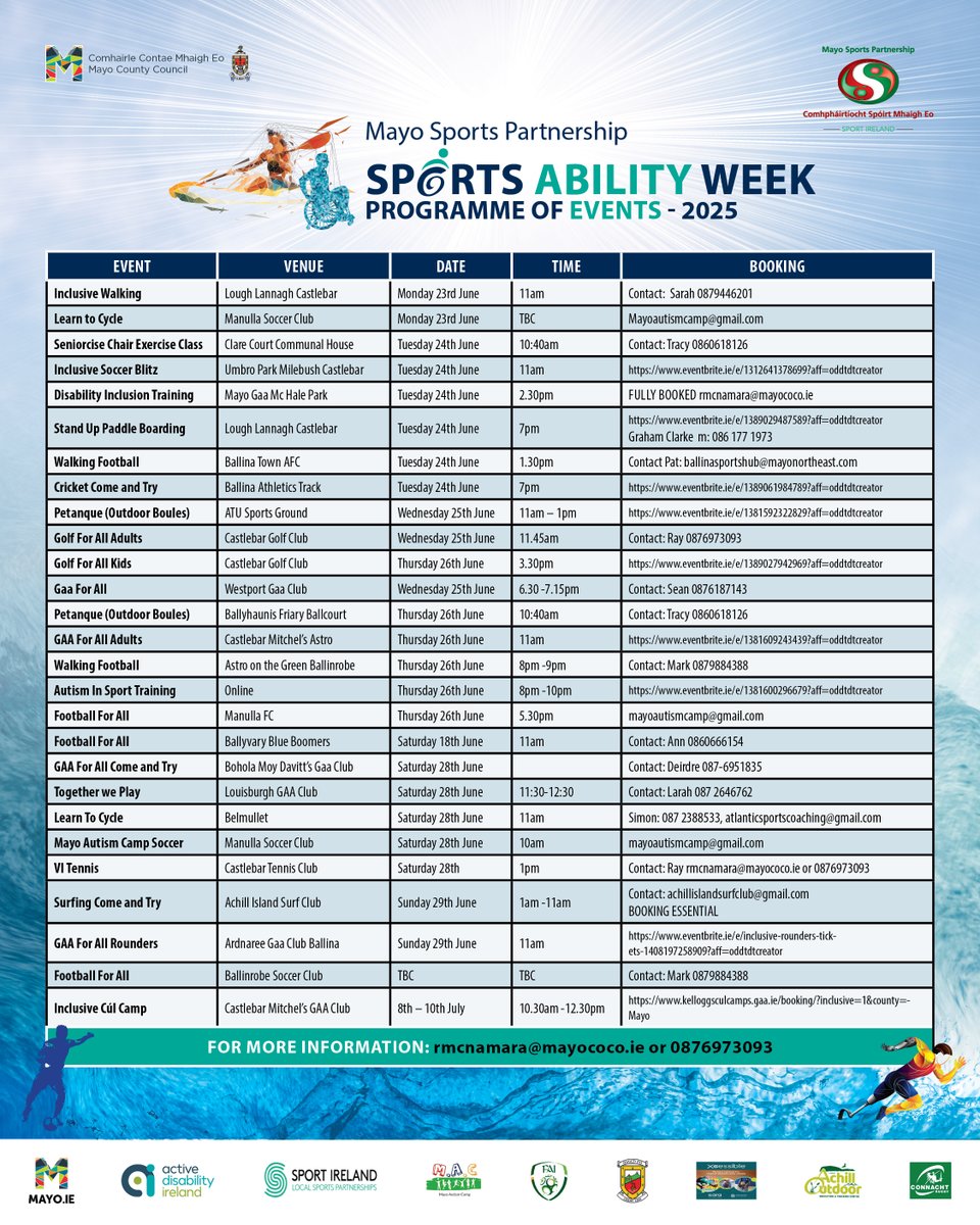 Mayo Sports Pship (@mayosport1) on Twitter photo 🌟**Celebrating MSP Sports Ability Week 2025 Day 5!! **🌟
📆 **Check calendar here: ow.ly/P9Sb50WbG5c
📩 For more details, contact: msp@mayococo.ie or Ray McNamara rmcnamara@mayococo.ie 🌟**Celebrating MSP Sports Ability Week 2025 Day 5!! **🌟
📆 **Check calendar here: ow.ly/P9Sb50WbG5c
📩 For more details, contact: msp@mayococo.ie or Ray McNamara rmcnamara@mayococo.ie