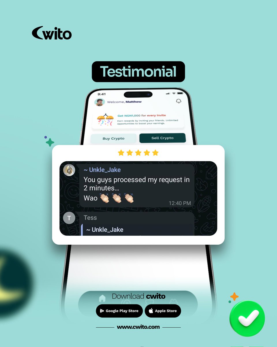 UseCwito's tweet image. 🔥 We don’t just say it. We prove it.
&quot;My request was processed in 2 minutes…👏👏👏&quot;

Speed. Trust. Simplicity.
That’s why Cwito is your go-to crypto exchange.

📱 Download now visit cwito.com/download 

#Cwito #CryptoDoneRight #FastAndSecure #TestimonialHighlight…
