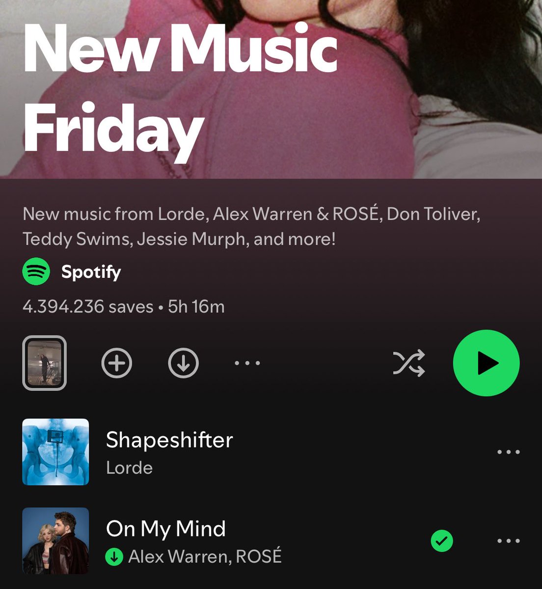 BLACKPINK Charts (@chartsblackpink) on Twitter photo Alex Warren & #ROSÉ’s “On My Mind” has been added to Spotify’s “New Music Friday” playlist at #2.
ON MY MIND OUT NOW
#ON_MY_MIND
#ALEX_ROSÉ_ONMYMIND <a href="/numberoneHQ/">numberoneHQ</a> <a href="/BLACKPINK/">BLACKPINKOFFICIAL</a> Alex Warren & #ROSÉ’s “On My Mind” has been added to Spotify’s “New Music Friday” playlist at #2.
ON MY MIND OUT NOW
#ON_MY_MIND
#ALEX_ROSÉ_ONMYMIND <a href="/numberoneHQ/">numberoneHQ</a> <a href="/BLACKPINK/">BLACKPINKOFFICIAL</a>