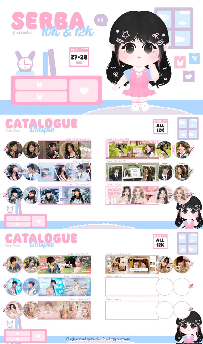 raanindira's tweet photo. —Help repost? Makasiii 🫶🏻       
 
Halooo! Rara store bawa PROMO SERBA 10K untuk layout by req single &amp; SERBA 12K untuk layout couple. Promo berlaku tanggal 27-28 Juni yaa.🥰 Untuk info lengkapnya cek di bawah 👇🏻

#zonauang https://t.co/vfaaySQL1w