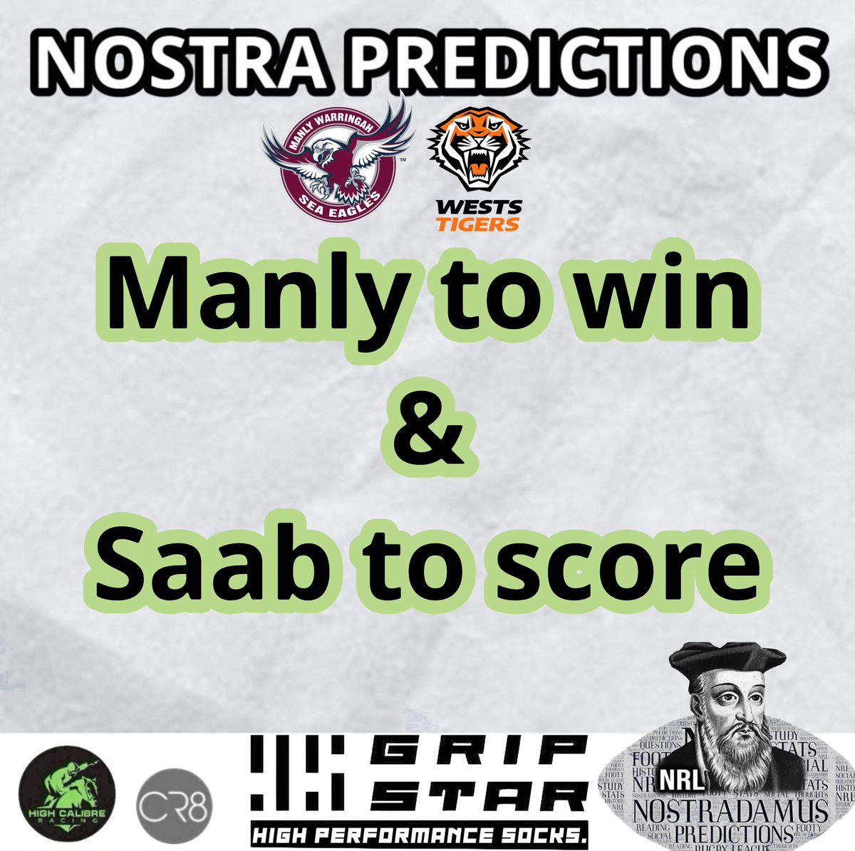Nrl_Nostradamus's tweet photo. 🏉 NOSTRA PREDICTIONS - THURSDAY 🚨

What do you think⁉️

Post your predictions in the comments 👇

If you get your prediction right, message us for a discount code for our merch store 😎 

#tips #predictions #nrl #footy #rugbyleague #nostradamus #winner #tryscorer https://t.co/y7CYhnSp6m