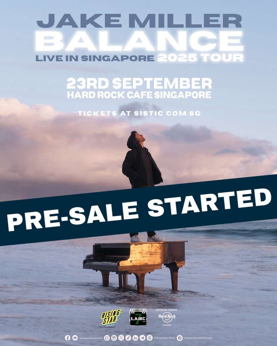 lamcpresents's tweet photo. 🎫 LAMC MEMBERS PRE-SALE IS ON NOW!

@jakemiller is bringing his BALANCE 2025 Tour to Singapore ! 🎶🔥

🗓 23rd September 2025
📍 Hard Rock Singapore
🎫 LAMC Members Pre-Sale: 27th June, 12pm SGT
🎫 General Sale: 30th June, 12pm SGT

Sign up as a LAMC Member to join the pre-sale! https://t.co/oeVyKXWk6i