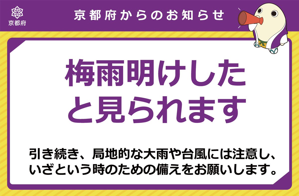 kyotokikikanri's tweet image. 【近畿地方が梅雨明け🌤】
本日、大阪管区気象台から「近畿地方は梅雨明けしたと見られます。」との発表がありました。
引き続き、局地的大雨や台風には注意し、いざという時に適切な行動がとれるよう、万全の備えをお願いします。
また、これから暑い日が続きますので、熱中症にも注意しましょう。