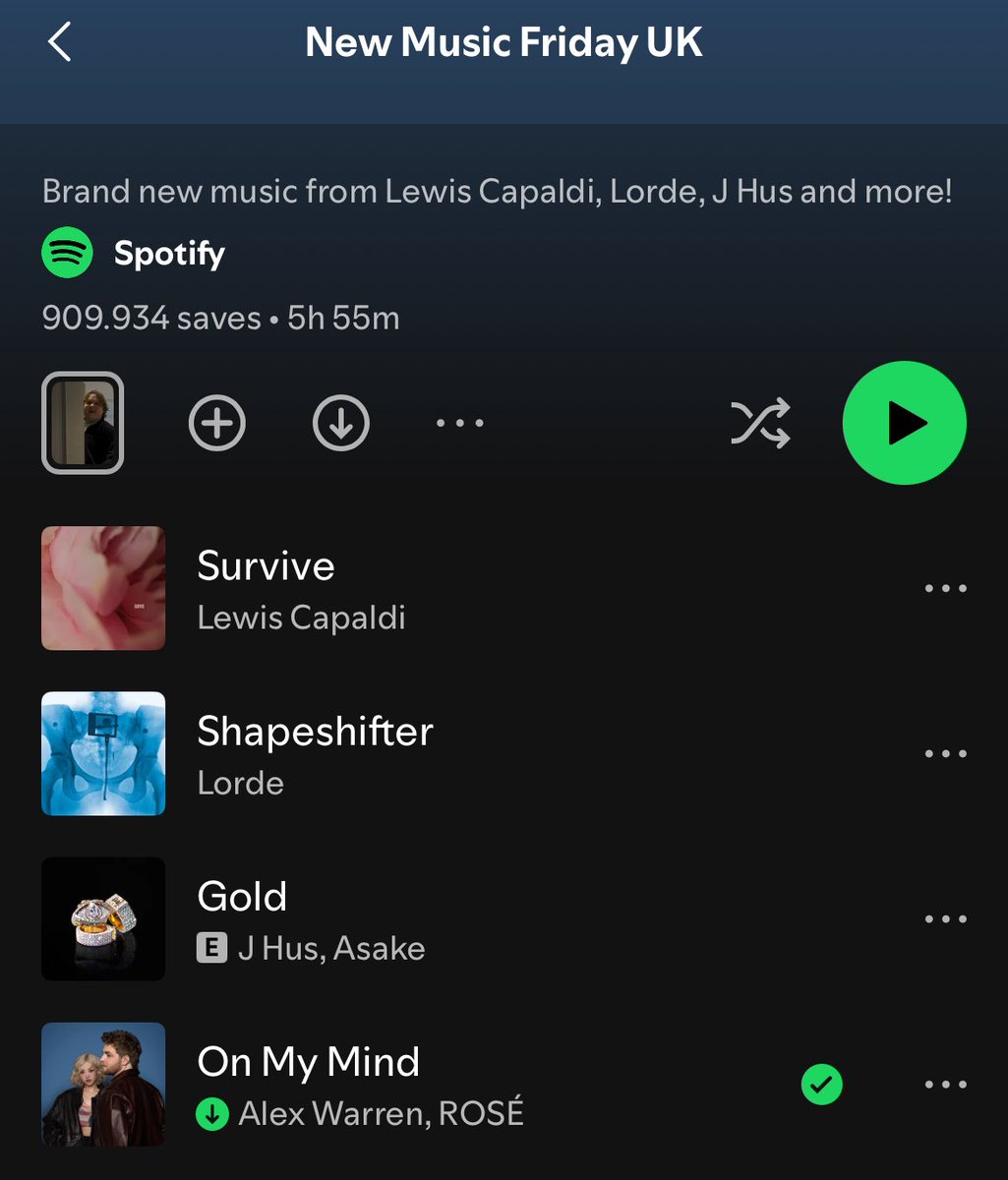 BLACKPINK Charts (@chartsblackpink) on Twitter photo Alex Warren & #ROSÉ’s “On My Mind” has been added to Spotify’s “New Music Friday UK” playlist at #4.
ON MY MIND OUT NOW
#ON_MY_MIND
#ALEX_ROSÉ_ONMYMIND <a href="/numberoneHQ/">numberoneHQ</a> <a href="/BLACKPINK/">BLACKPINKOFFICIAL</a> Alex Warren & #ROSÉ’s “On My Mind” has been added to Spotify’s “New Music Friday UK” playlist at #4.
ON MY MIND OUT NOW
#ON_MY_MIND
#ALEX_ROSÉ_ONMYMIND <a href="/numberoneHQ/">numberoneHQ</a> <a href="/BLACKPINK/">BLACKPINKOFFICIAL</a>