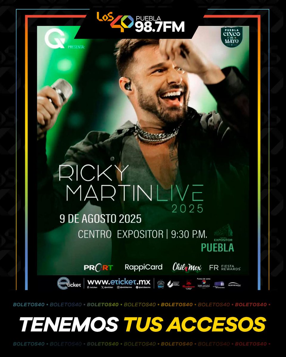 ¡Tenemos tus accesos para #RickyMartinLive2025 en Puebla ! 🎶🤩💚

Pendientes para ganar tus accesos desde nuestros programas de radio y en redes sociales ✨ 📻 📲

📍 Este 9 agosto · Centro Expositor Puebla

#Los40Puebla987FM #TodaLaActitud #música #conciertos #festival #musica