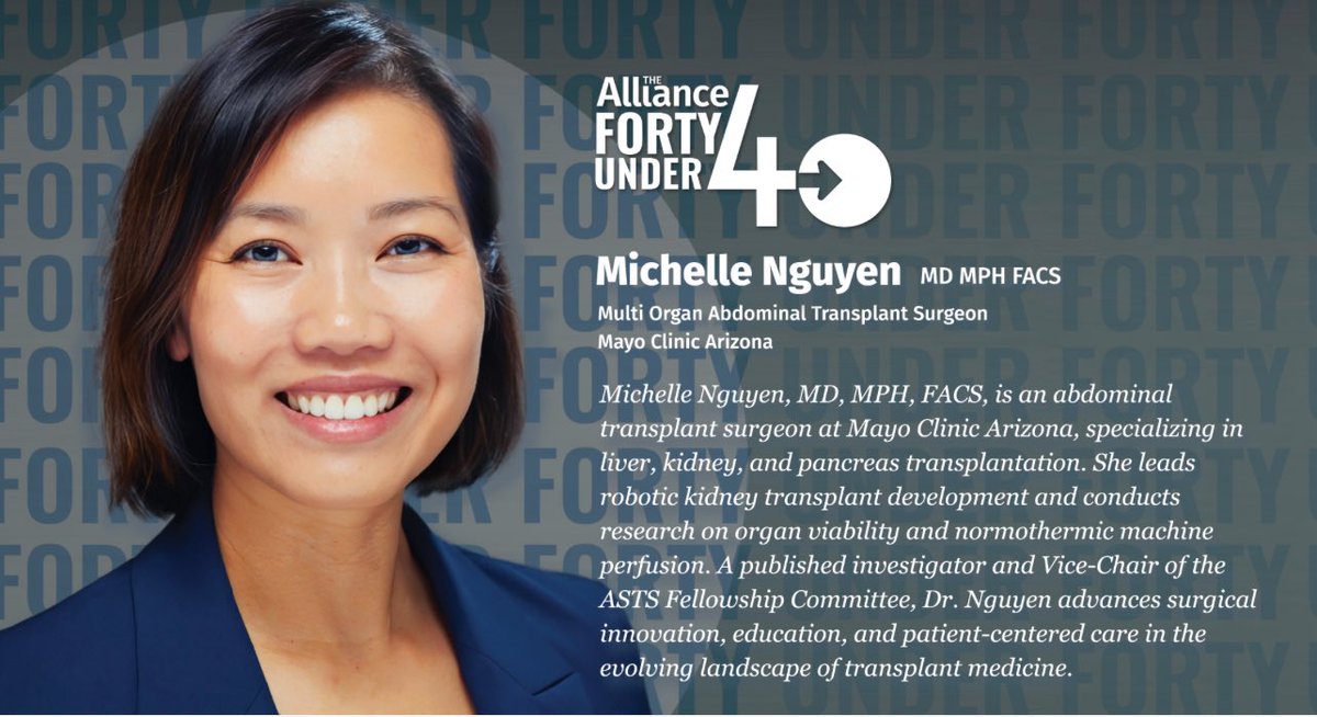 MCNguyenMD's tweet image. Honored to be named among @ODTAlliance #40Under40. Grateful to be part of a community working to innovate, collaborate, and transform the field of organ donation and transplantation. 💙 #DonateLife #Transplant @MayoClinic
organdonationalliance.org/profile/michel…