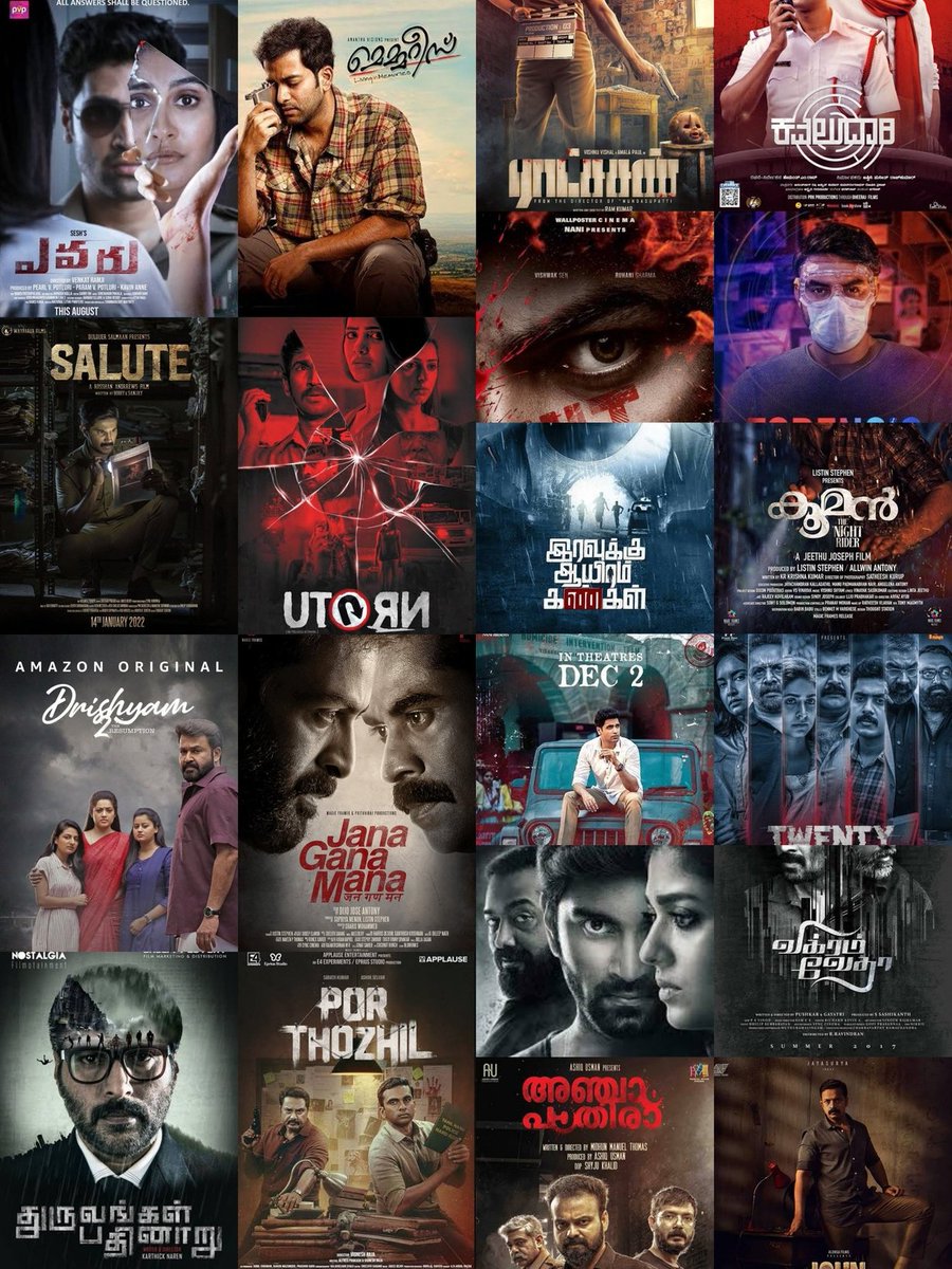 Karthik79956315's tweet photo. BEST SOUTH INDIAN CRIME THRILLER MOVIES-2

Memories
Uturn
Anjaam Pathira
Drishyam 2
D 16
Kooman
Jhon Luther
Hit 1 &amp; 2
Irvakkum ayira kangal
Vikram vedha
Imaikkaa Nodigal
Ratsasan
21 Grams 
Evaru
Salute
Por Thozhil 
Kavludhari
Forensic 
Jana Gana Mana https://t.co/0ENxdd9Hy7