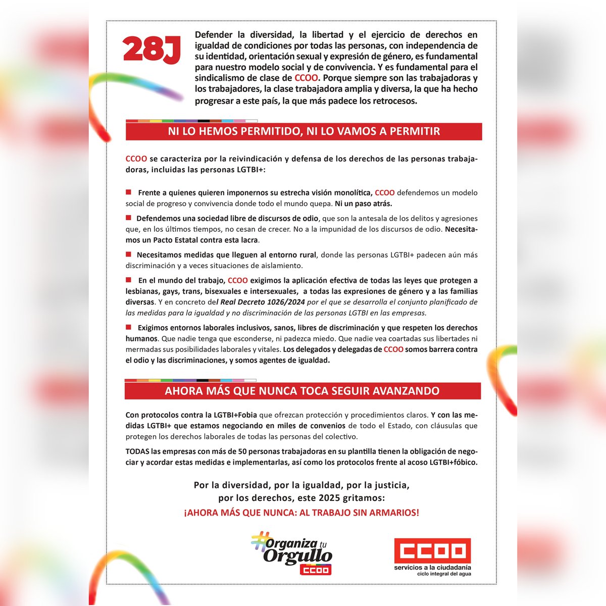 Ahora más que nunca: al trabajo sin armarios
Ahora más que nunca celebramos la diversidad, reivindicamos la igualdad efectiva y seguimos peleando desde el sindicalismo por los derechos de las personas LGTBI+ 🌈🌈Visita nuestra página.
agua.fsc.ccoo.es
#fscccoo #fscccoocia