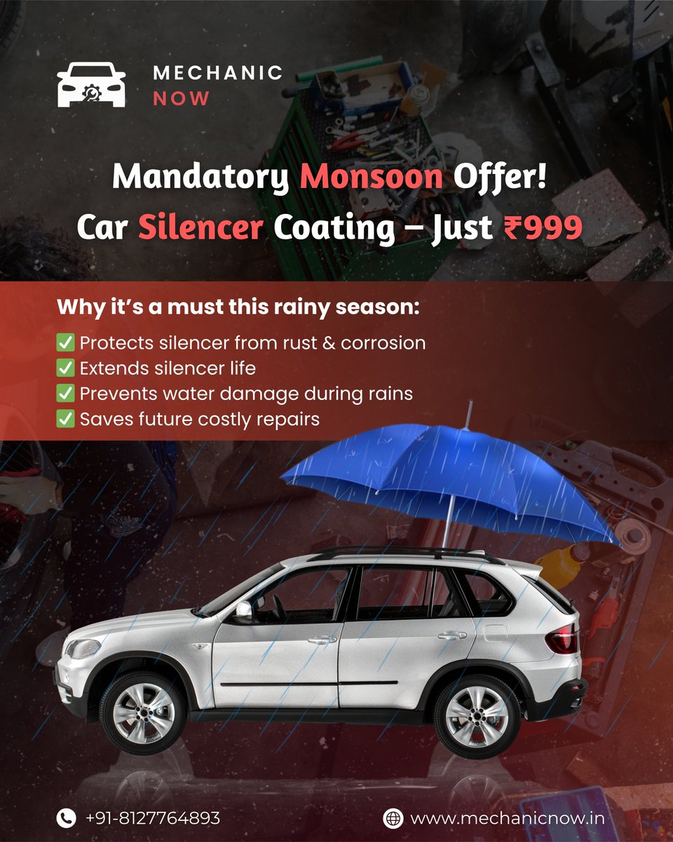 mechanic_now's tweet image. Protect your car this monsoon!
Silencer Coating @ just ₹999
✅ Rust protection
✅ Longer silencer life
✅ Save on repairs
📞 +91-8127764893
🌐 mechanicnow.in
#MonsoonCarCare #SilencerCoating #RustProtection #CarService