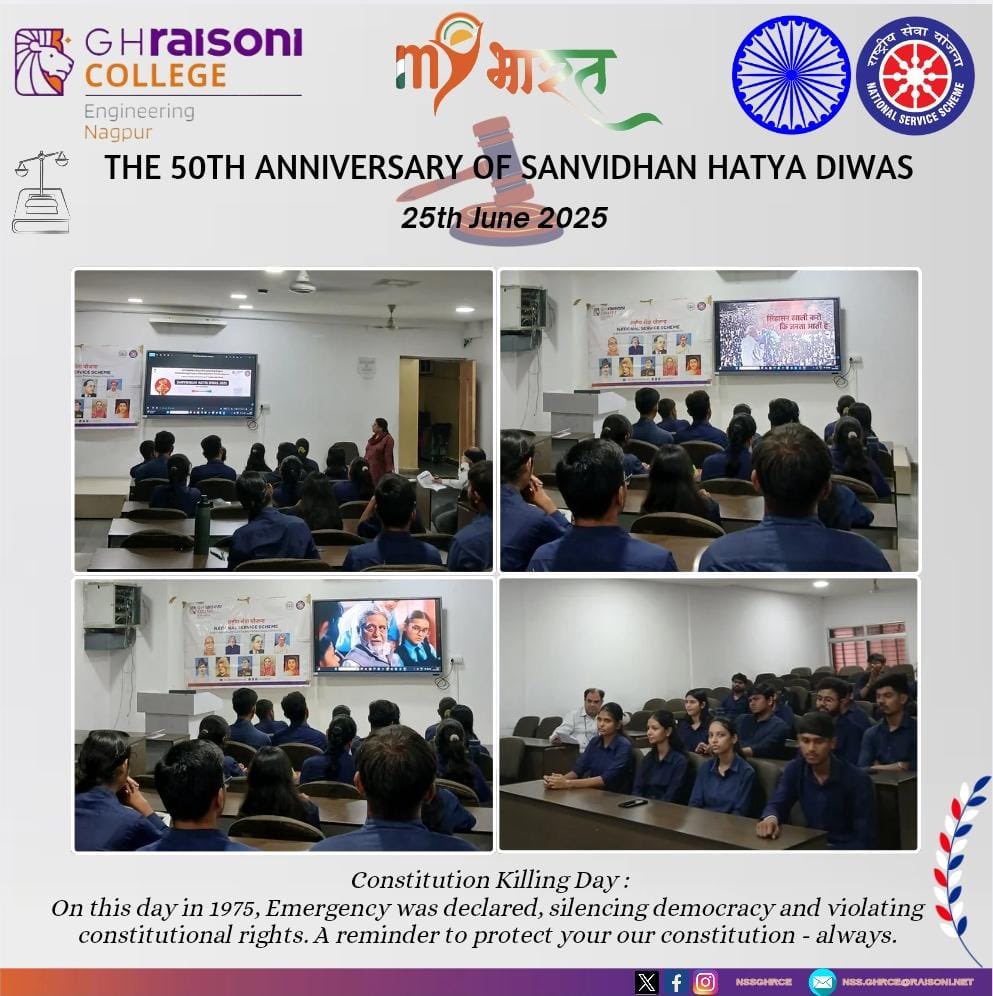 nssghrce's tweet photo. The 50th anniversary of EMERGENCY (संविधान हत्या दिवस) observed on 25th June 2025 by NSS Cell of G H Raisoni College of Engineering Nagpur 🇮🇳
#nssghrce https://t.co/q9Jm39XDWK