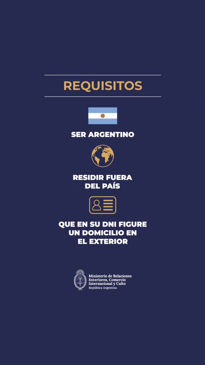 ARGinUSA's tweet image. Si reside fuera del país y quiere votar por correo postal en las próximas elecciones legislativas nacionales, recuerde inscribirse antes del 28/6 en padron.gov.ar/cne_care
👇🏽
- Ser ciudadano/a argentino/a
- Residir en el exterior
- Tener domicilio en el exterior en el DNI