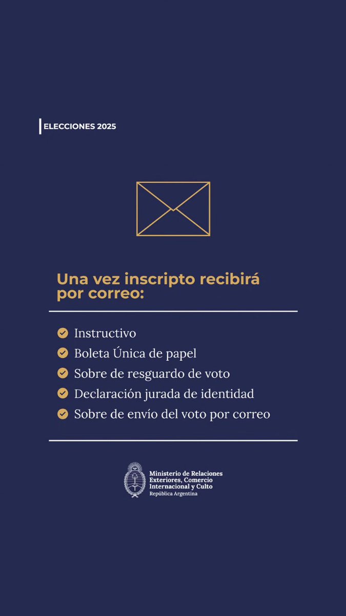 ARGinUSA's tweet image. Si reside fuera del país y quiere votar por correo postal en las próximas elecciones legislativas nacionales, recuerde inscribirse antes del 28/6 en padron.gov.ar/cne_care
👇🏽
- Ser ciudadano/a argentino/a
- Residir en el exterior
- Tener domicilio en el exterior en el DNI