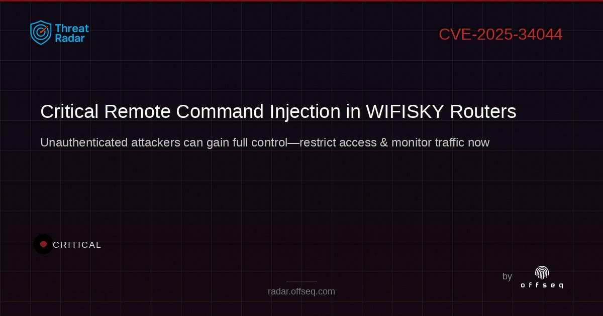 offseq's tweet image. 🚨 CRITICAL: Remote command injection in WIFISKY 7-layer routers! Unauthenticated exploit risks full takeover. Restrict access &amp;amp; monitor now. radar.offseq.com/threat/cve-202… #OffSeq #Infosec #RouterSecurity