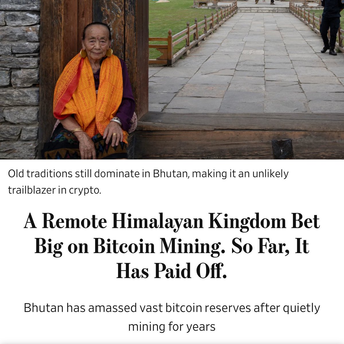 Bhutan starts mining Bitcoin in 2020. Five years later they saved up enough  to account for 40% of their entire GDP. This small country now has the  third largest Bitcoin reserve in