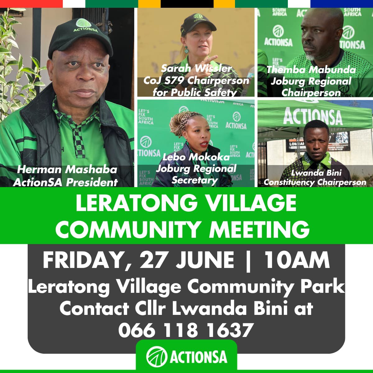 Today I’ll be addressing the community of Leratong. Crime has plagued the area for a long time and residents need their voices heard. <a href="/Action4SA/">ActionSA</a> <a href="/ActionSA_JHB/">ActionSA JHB Caucus</a> <a href="/ActionSA_GP/">ActionSA Gauteng</a> <a href="/HermanMashaba/">Herman Mashaba</a> <a href="/NespyThemba/">GFORCE</a> <a href="/ActionsaCoJCW/">Cllr. Marcel Coutriers</a>