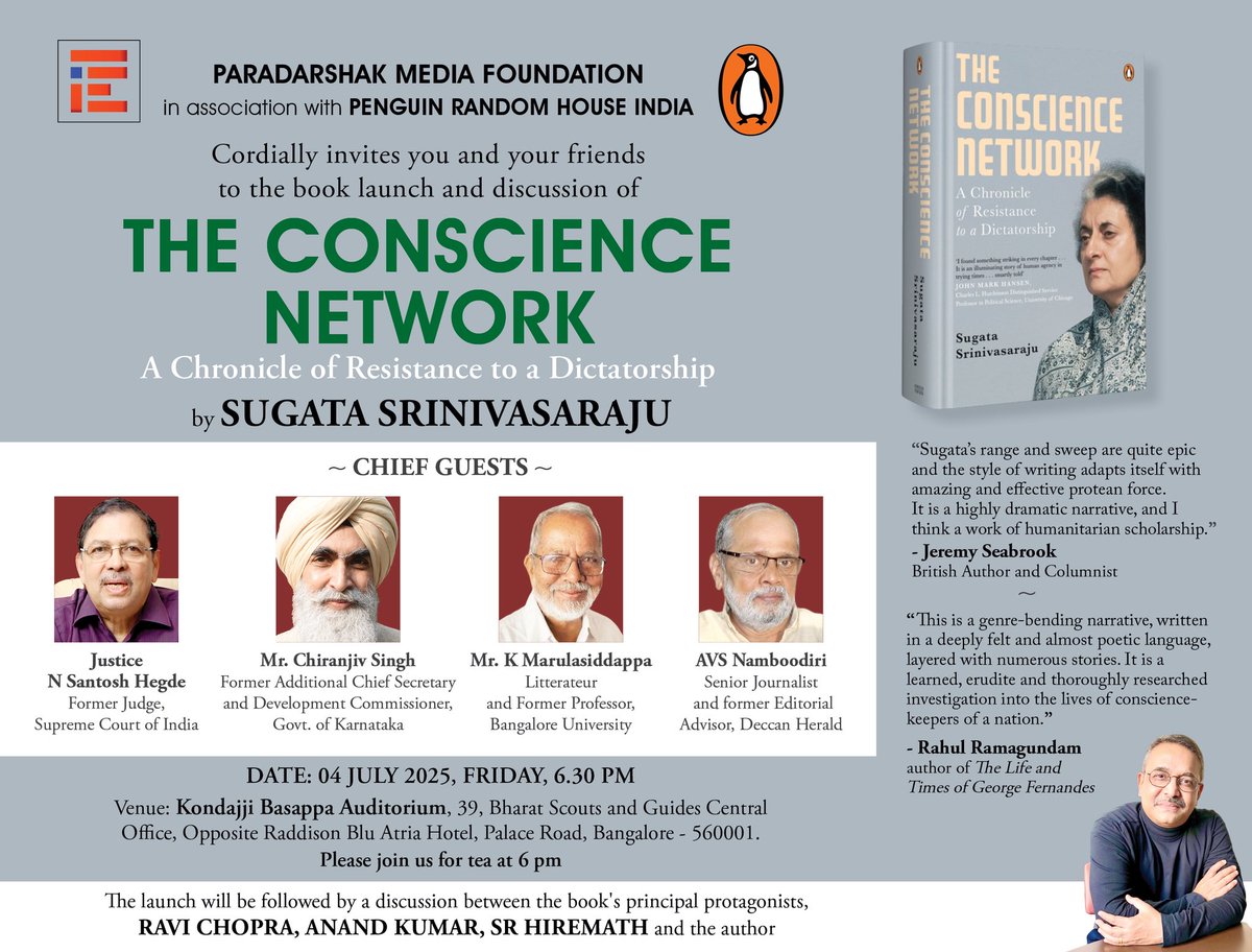After a very successful Delhi launch, am now looking forward to the Bangalore launch on 04 July 2025, Friday, at 6.30 pm. Please save the date. Besides the brilliant guests, the book’s principal protagonists, the conscience keepers, will also be there. Please come.