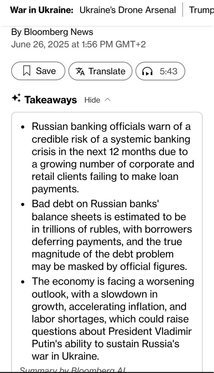 The new sanctions on the Russian shadow tanker fleet are crushing it — activity levels have collapsed. Meanwhile Bloomberg is predicting a banking crisis within the next 12 months. The debt has soared and the sovereign wealth fund has lost a third. Nabiullina said that all means